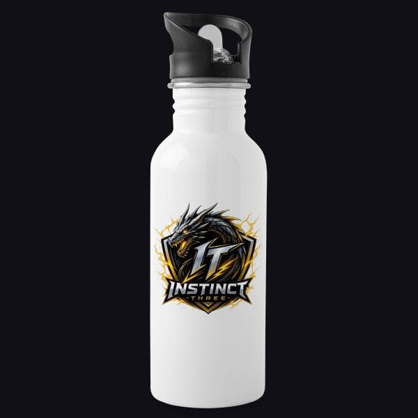 Instinct Three New Logo auf Trinkflasche mit integriertem Trinkhalm